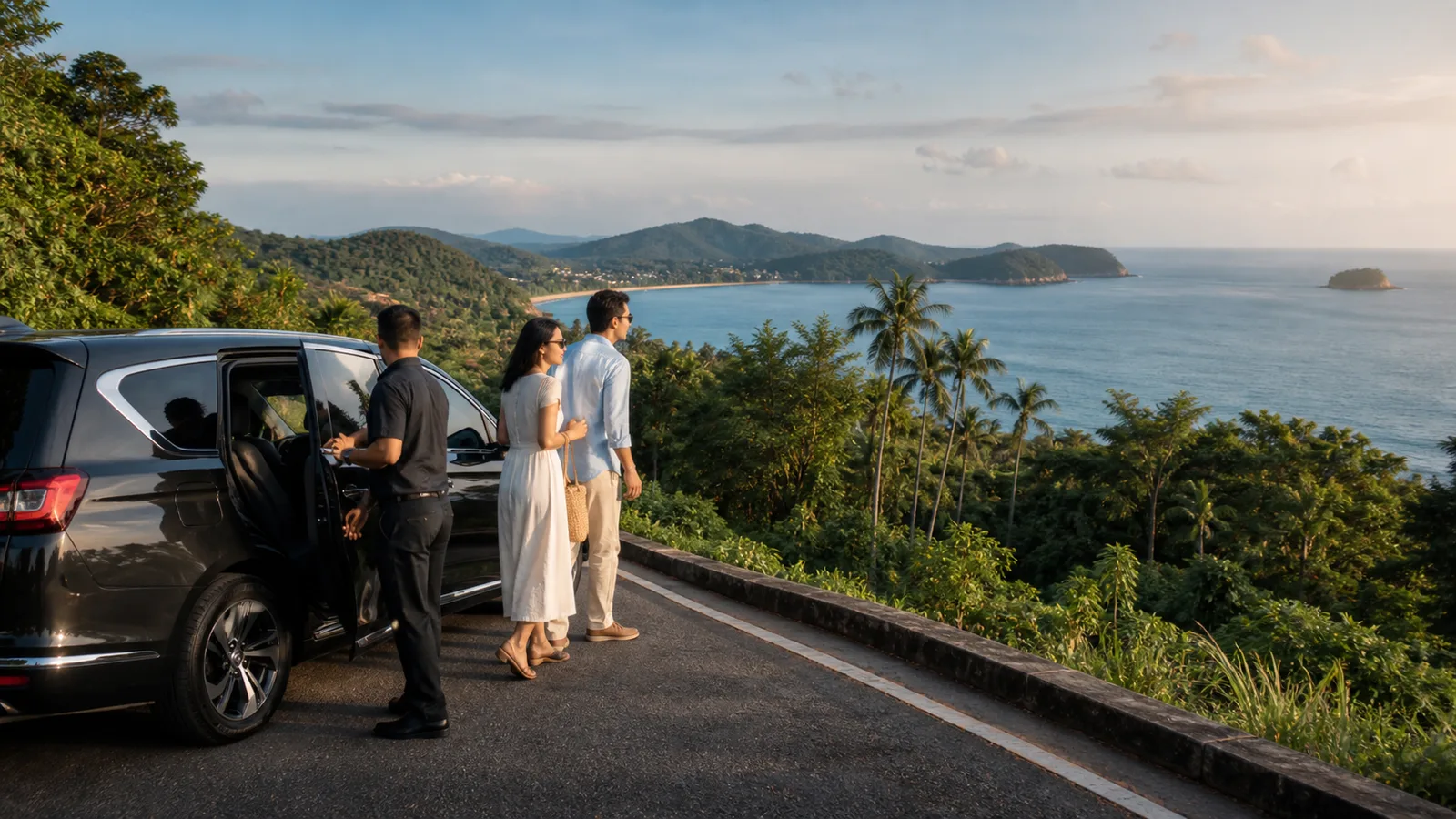 Private driver and guests at a coastal viewpoint in Phuket